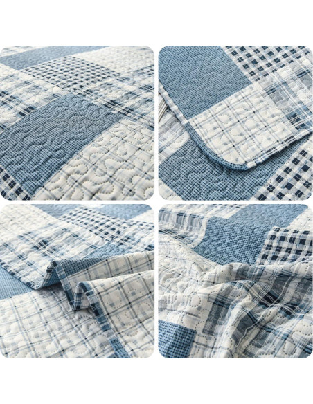 Colcha King Green Essen Cuadros Azul Gris Blanco Transpirable