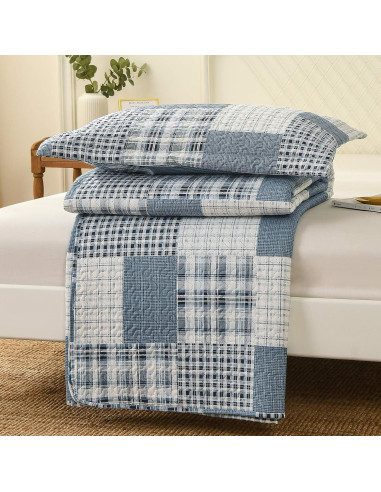 Colcha King Green Essen Cuadros Azul Gris Blanco Transpirable