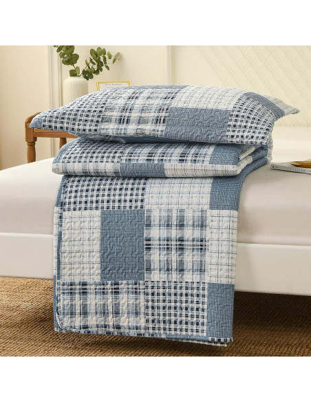 Colcha King Green Essen Cuadros Azul Gris Blanco Transpirable