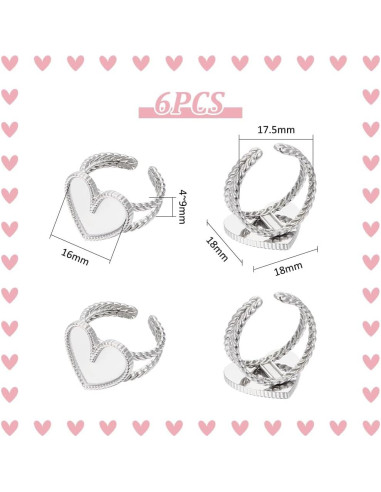 6 Pcs Anillos Corazón Ajustables UNICRAFTALE Acero Inoxidable