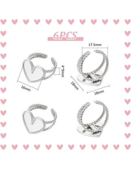 6 Pcs Anillos Corazón Ajustables UNICRAFTALE Acero Inoxidable
