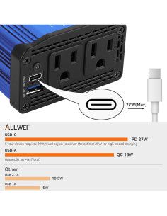 Inversor de Potencia 300W ALLWEI 12V a 220V con USB-C y USB-A 2