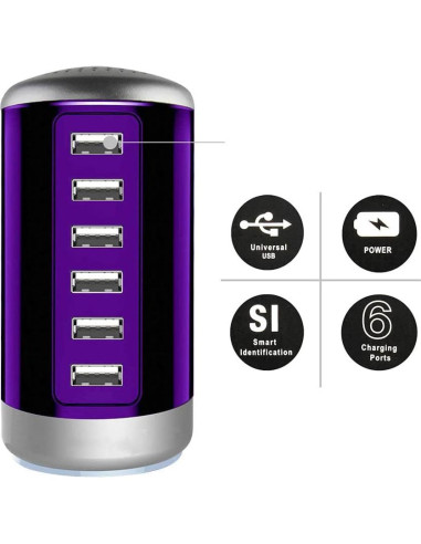 Cargador USB Universal 6 Puertos Wyness Carga Rápida Púrpura