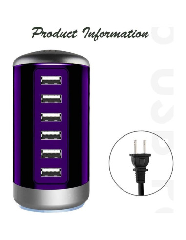 Cargador USB Universal 6 Puertos Wyness Carga Rápida Púrpura