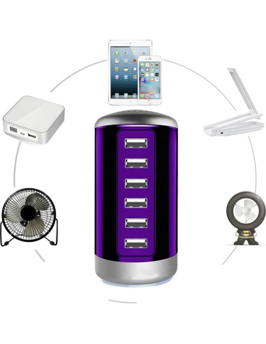 Cargador USB Universal 6 Puertos Wyness Carga Rápida Púrpura