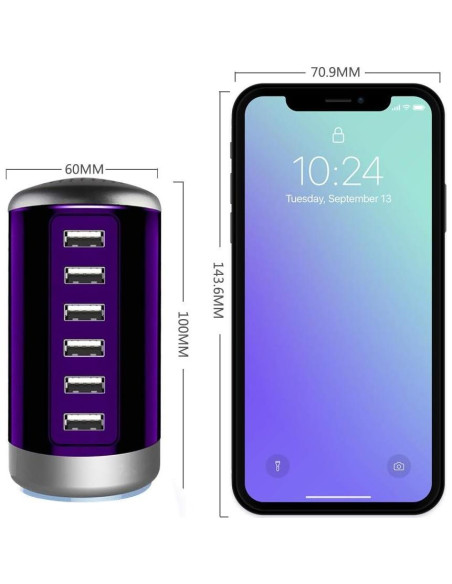 Cargador USB Universal 6 Puertos Wyness Carga Rápida Púrpura