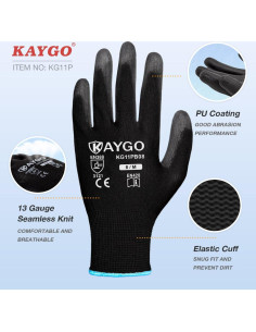Guantes de Trabajo KAYGO KG11P Recubiertos PU 12 Pares Negros 2