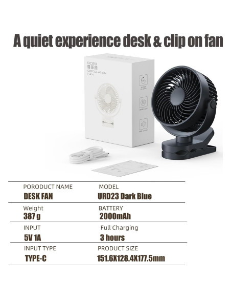 Ventilador Clip Portátil UCLOUDSOME URD23 2000mAh 4 Velocidades