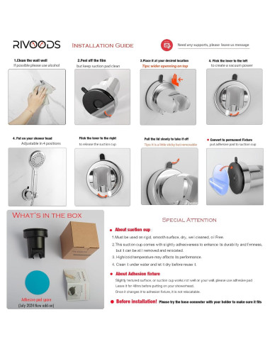 Soporte de Ducha de Mano RIVOODS con Ventosa Ajustable 5 Posiciones