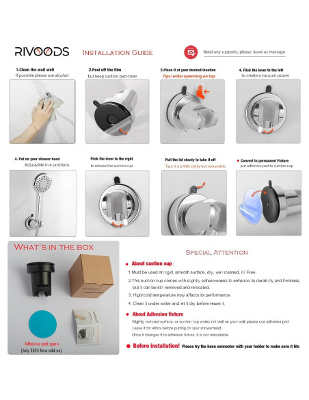 Soporte de Ducha de Mano RIVOODS con Ventosa Ajustable 5 Posiciones