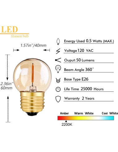 Bombillas LED Filamento G40 Tsunetani 0.5W Ámbar 2 Pcs