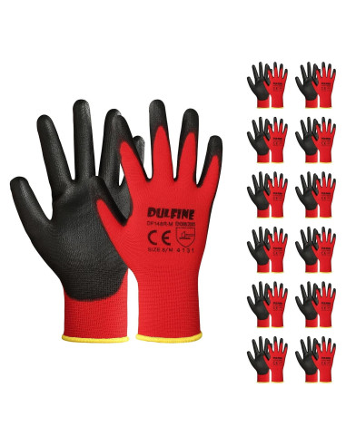 Guantes de Trabajo DULFINE PU Rojo 12 Pares Talla Grande