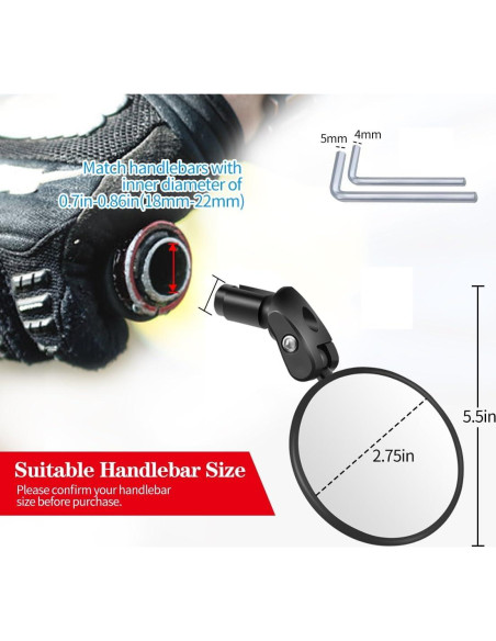 Espejo Retrovisor Convexo RUBY.Q para Bicicleta Ajustable