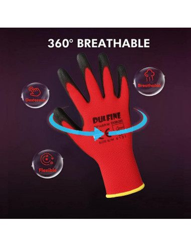 Guantes de Trabajo DULFINE PU Rojo 12 Pares Talla Grande