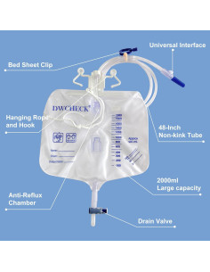 Paquete de 2 Bolsas de Drenaje Urinario DWCHECK 2000mL 2
