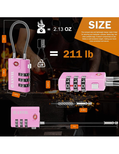 Candados de Cable Anvil TSA 3 Dígitos Rosa - 2 Piezas