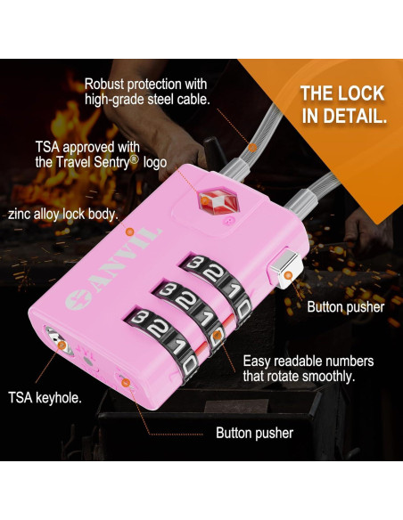 Candados de Cable Anvil TSA 3 Dígitos Rosa - 2 Piezas