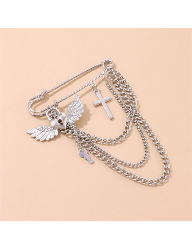 Broche de Cadena con Borlas de Estrella y Luna Oro Plata