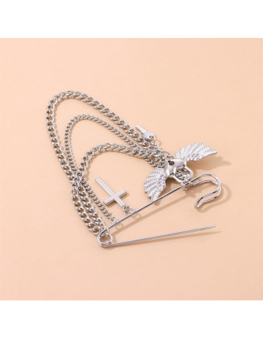 Broche de Cadena con Borlas de Estrella y Luna Oro Plata