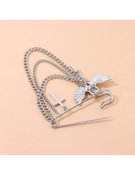 Broche de Cadena con Borlas de Estrella y Luna Oro Plata