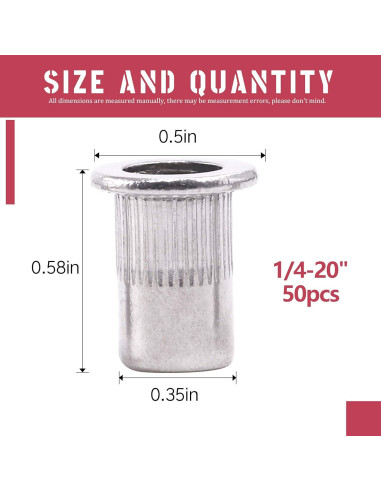 Tuercas Remachadas Acero Inoxidable Hilitchi 1/4-20 (50 Pcs)