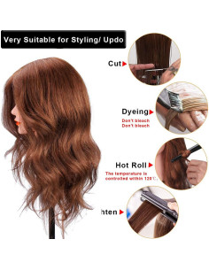 Cabeza de Maniquí 100% Cabello Humano SZCY LLC 45.72 cm Marrón Oscuro 2