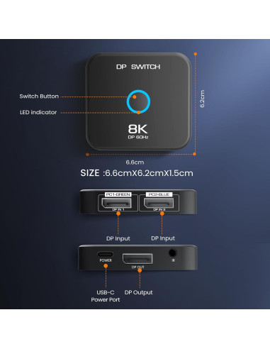 Conmutador DisplayPort 2 en 1 NEWCARE 8K@60Hz Control Remoto