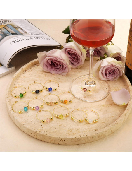 Juego de 12 Marcadores de Copas de Vino Oro 14K con Gemas