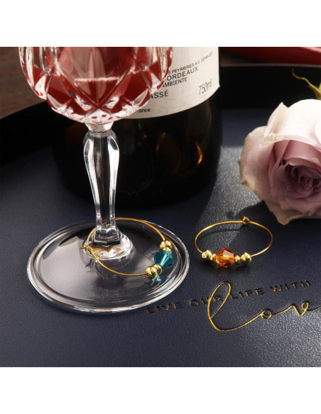 Juego de 12 Marcadores de Copas de Vino Oro 14K con Gemas