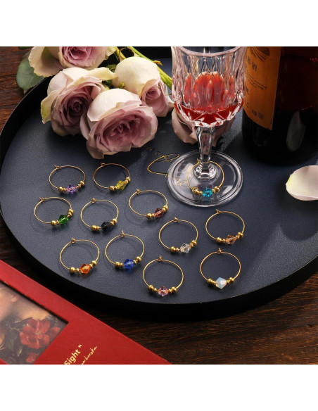Juego de 12 Marcadores de Copas de Vino Oro 14K con Gemas
