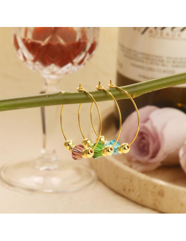 Juego de 12 Marcadores de Copas de Vino Oro 14K con Gemas