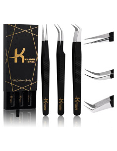 Juego de Pinzas para Extensiones de Pestañas Khadmi Impex - 3 Pinzas de Acero Inoxidable