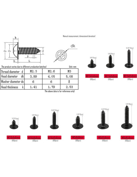 Kit de Tornillos Autoperforantes LBY 900pcs M2.3 M2.6 M3 Negro