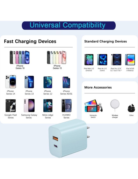 Cargador de Pared USB C 20W Doble Puerto 3Pack Azul