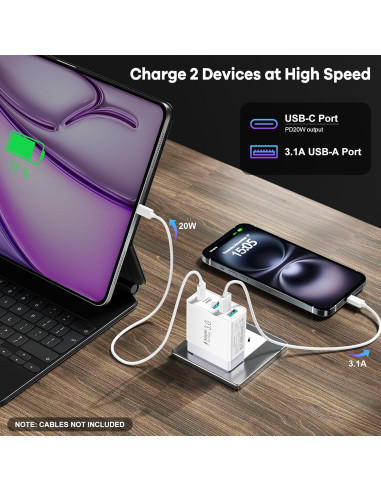 Cargador USB C Rápido 50W 5 Puertos Blanco - 2 Pack