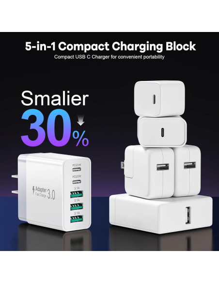 Cargador USB C Rápido 50W 5 Puertos Blanco - 2 Pack