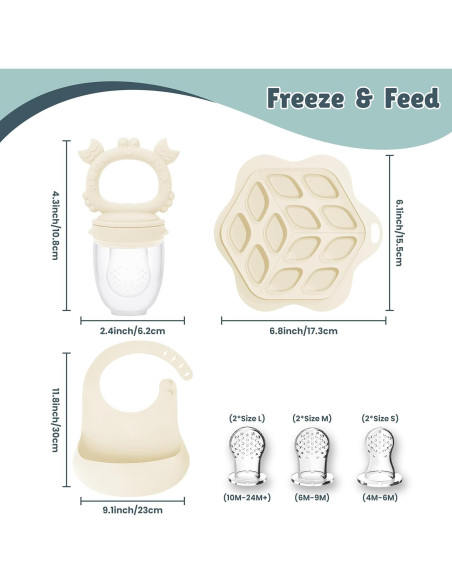 Conjunto Alimentador de Frutas Bebés + Babero Silicona Beige