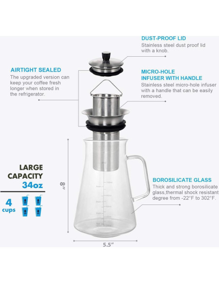 Cafetera Cold Brew Aquach 34 Oz Vidrio Borosilicato Apta Lavavajillas