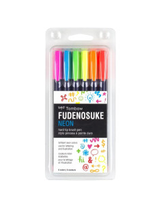 Tombow Fudenosuke Brush Pens Neón 6-Pack Punta Dura