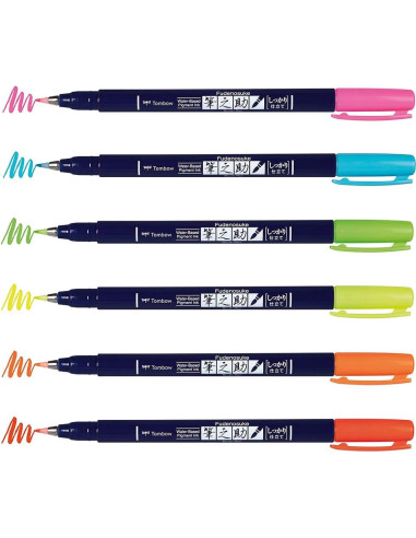 Tombow Fudenosuke Brush Pens Neón 6-Pack Punta Dura