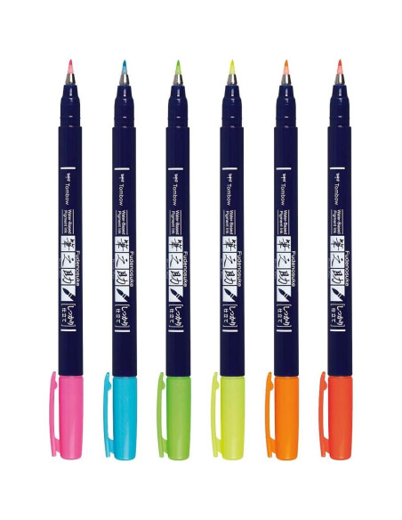 Tombow Fudenosuke Brush Pens Neón 6-Pack Punta Dura