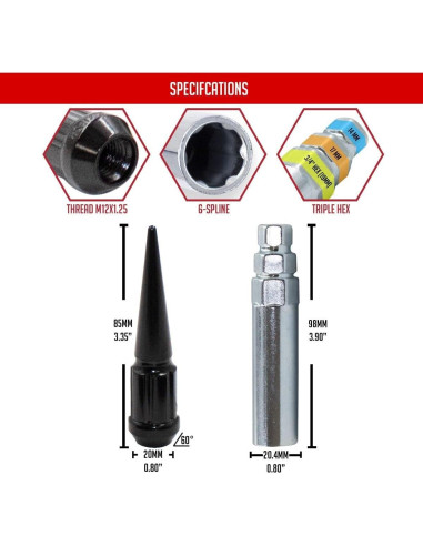 Tuercas de Llanta Spike Spline 20 Pcs M12 x 1.25 Negras