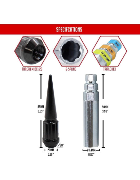 Tuercas de Llanta Spike Spline 20 Pcs M12 x 1.25 Negras Tuercas de Llanta Spike Spline 20 Pcs M12 x 1.25 Negras