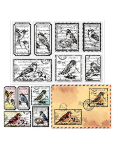 Sello Transparente Vintage GLOBLELAND Flores y Pájaro 11x16 cm