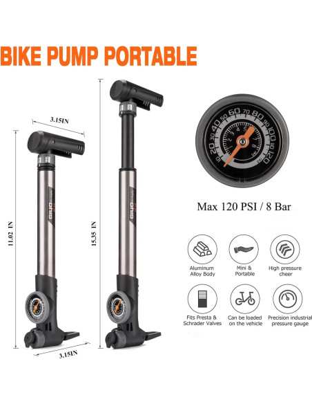 Mini bomba de bicicleta Kadacha con manómetro 120 PSI