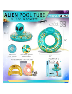 Flotador Inflable Alienígena POZA 91 cm Azul Dorado con Confeti 2