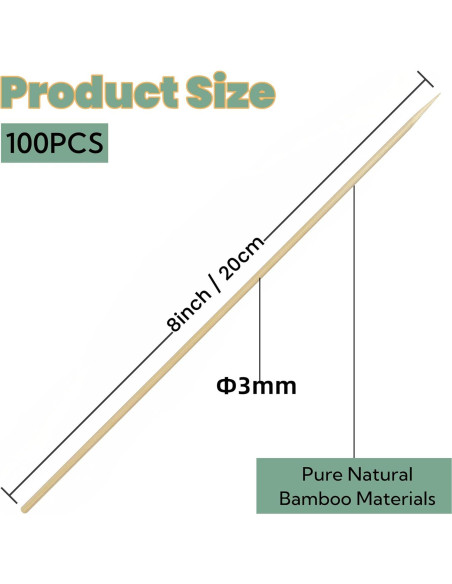 Brochetas de Bambú 20 cm XMZY - 100 Piezas para BBQ y Yakitori
