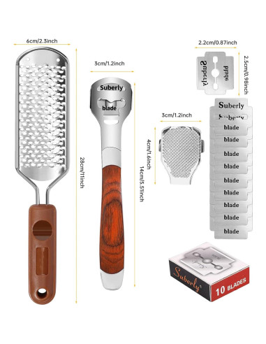 Juego de Afeitador de Callos Yihurlm con Mango de Madera y 30 Cuchillas