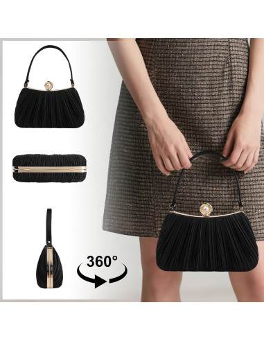 Bolso de mano de noche de perlas negro para mujeres 22x8x14 cm