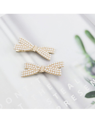 10 Clips de Pelo con Lazo de Perlas Dorados - Accesorios Elegantes